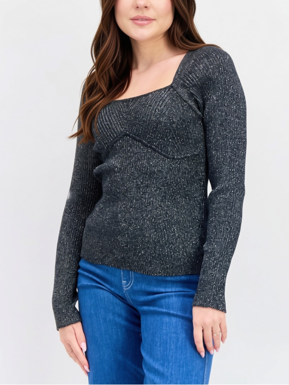 INC Square Neck Ribbed Long-Sleeve Sweater - Fitted Top